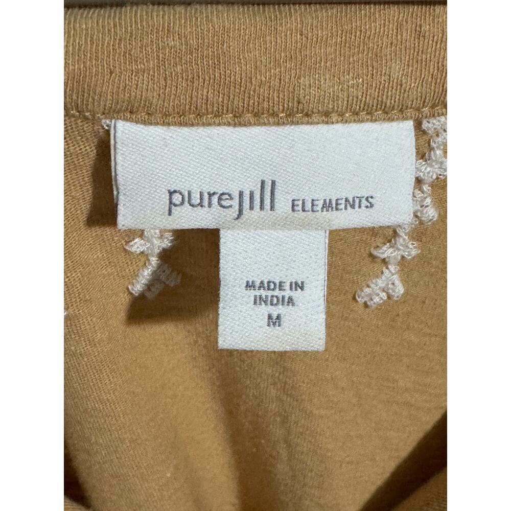 Purejill Elements Embroidered V Neck Top Women's M Tan Cotton Linen Blend Tee - Picture 4 of 7